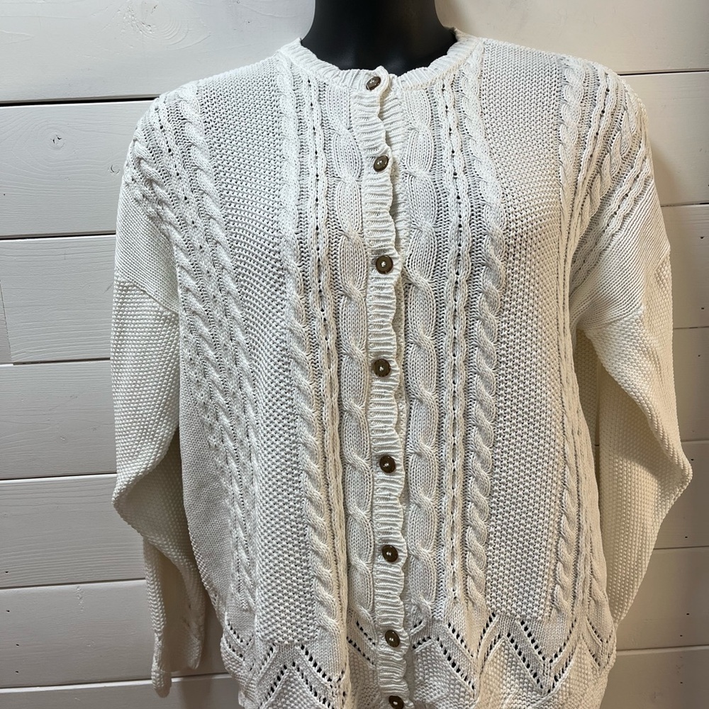 COTTON ROAD VINTAGE – White Cable Knit Cardigan – Oversized L - Picture 8 of 12